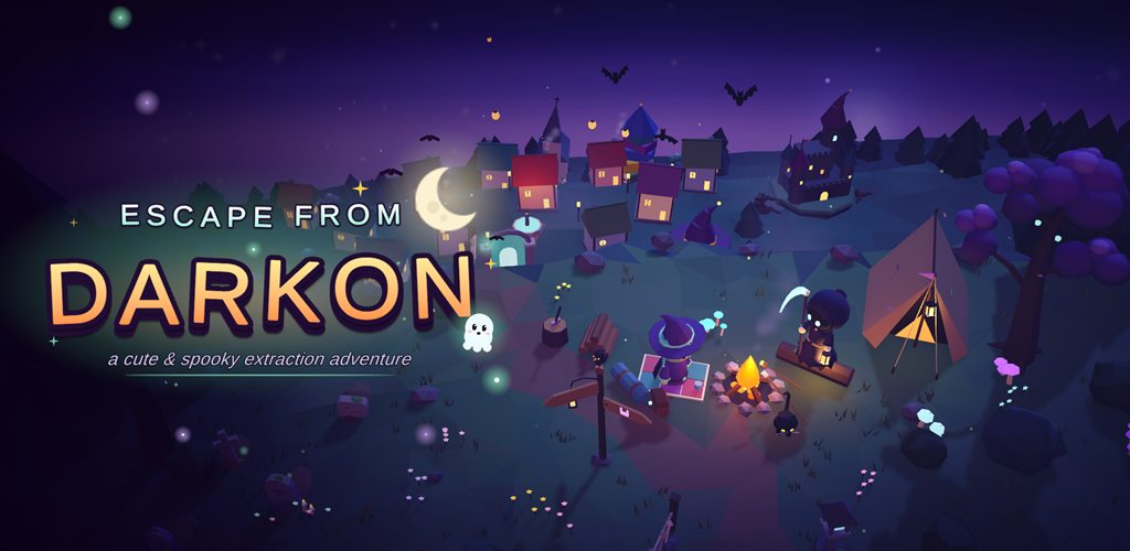 Escape From Darkon: a lantern-lit ghost town under a crescent moon, with a little witch and a friendly reaper by a campfire